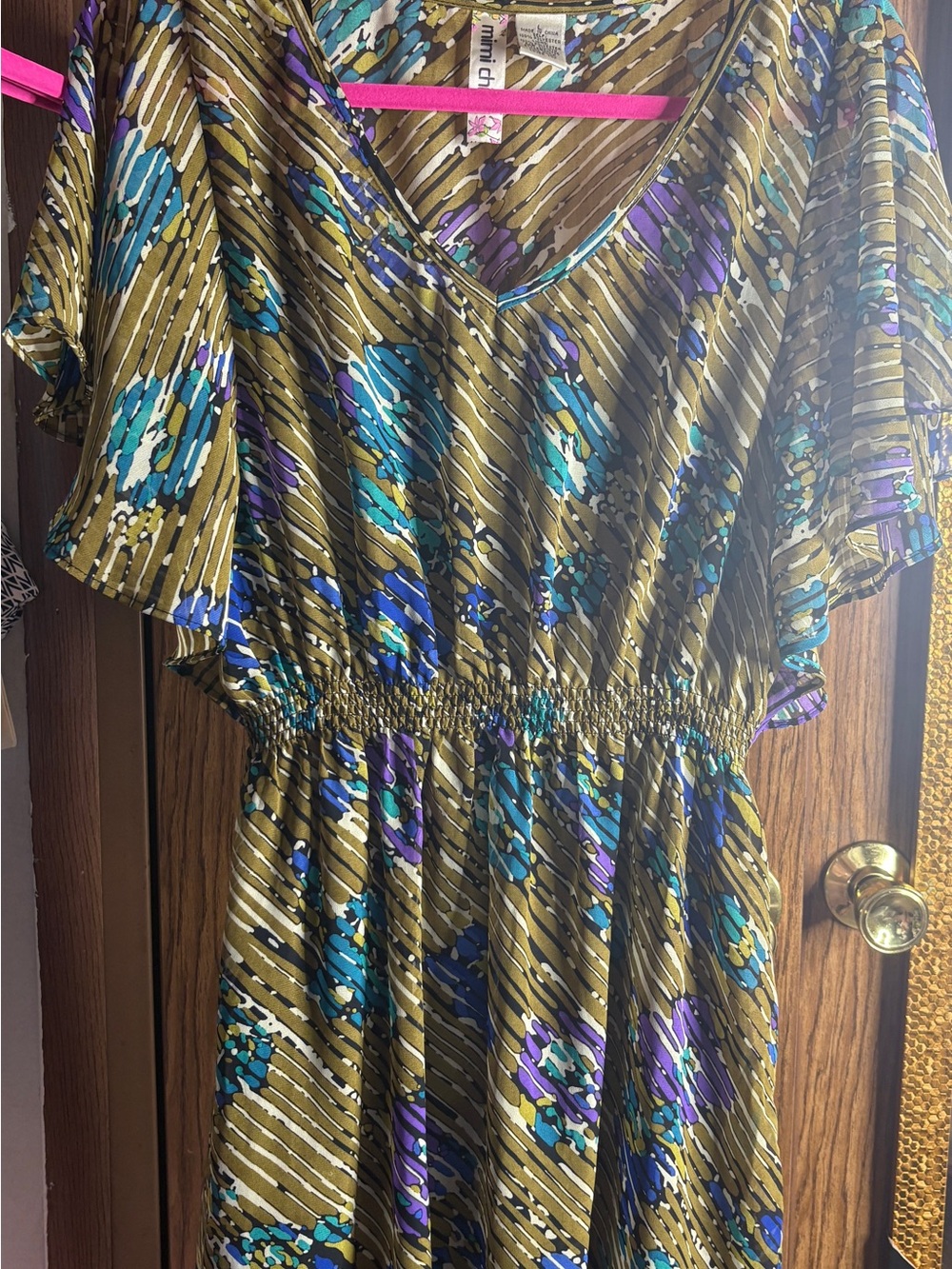 Mimi Chica Olive Midi Dress with Teal & Purple Floral Print